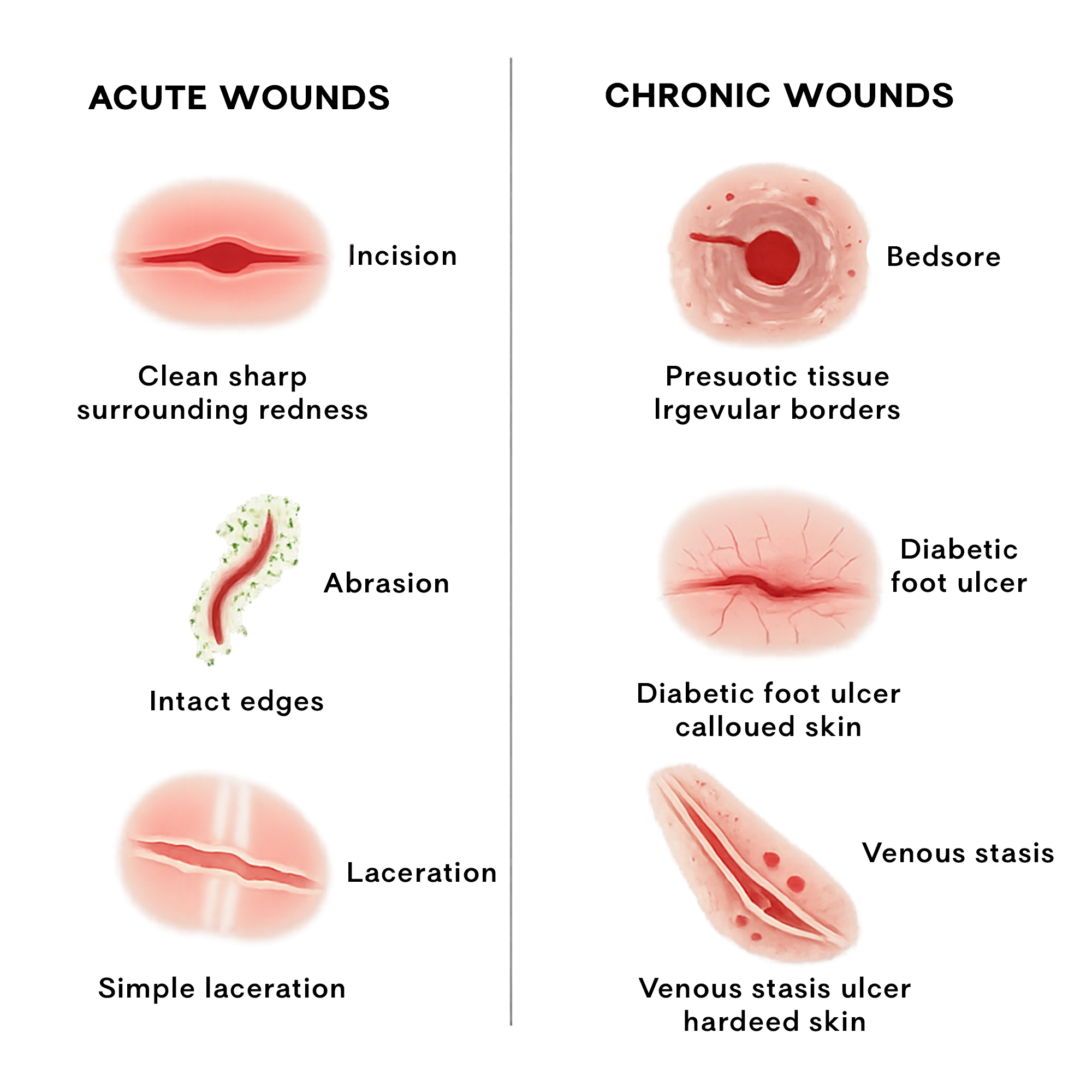 Wound healing process, Acute vs chronic wounds, Types of skin injuries