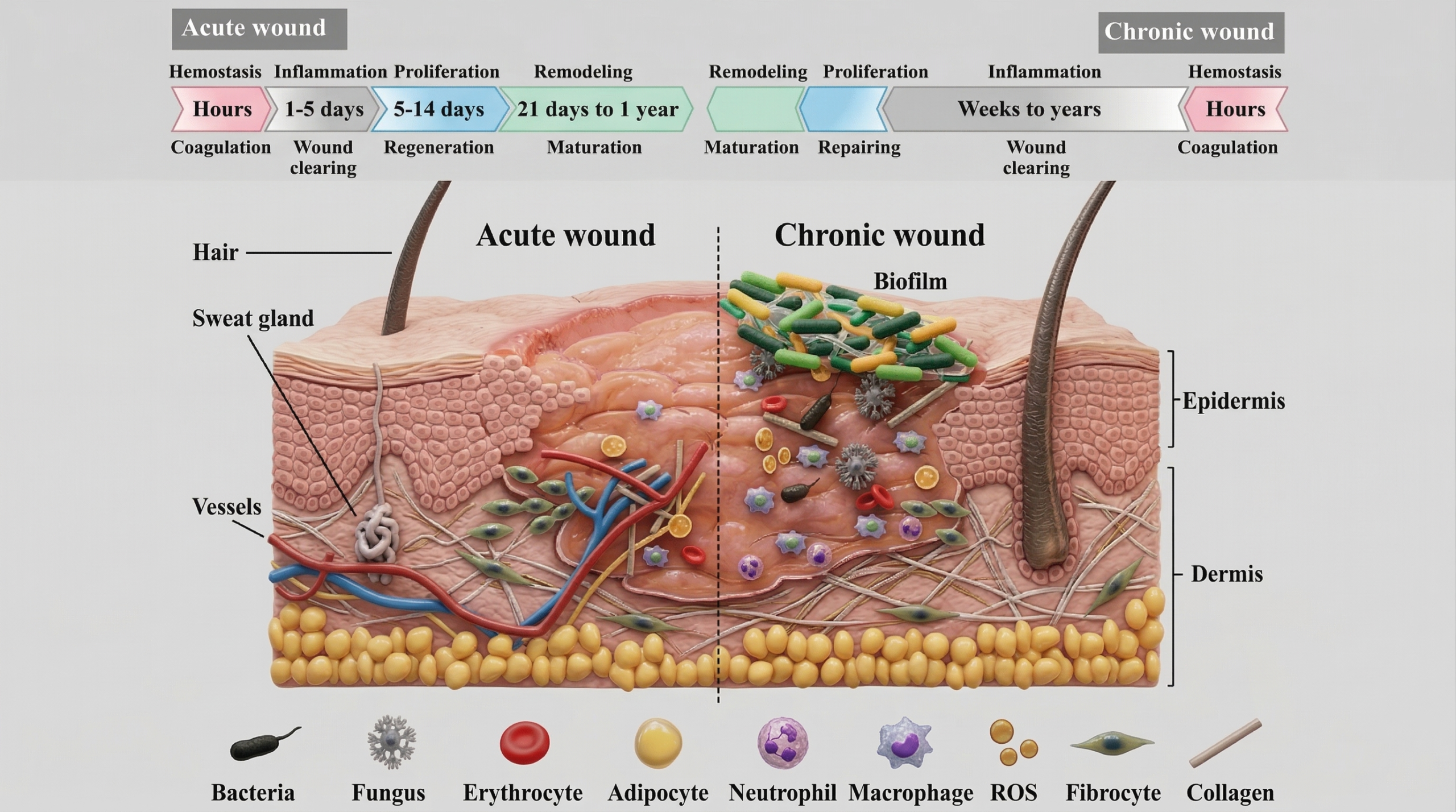 Acute vs chronic wounds, Wound healing process, Diabetic ulcer management, Chronic wound infection, Types of skin injuries