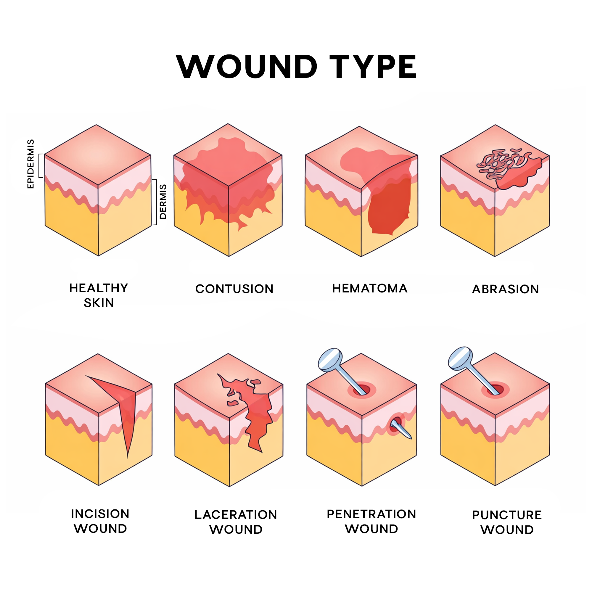 Wound healing process, Acute vs chronic wounds, Types of skin injuries